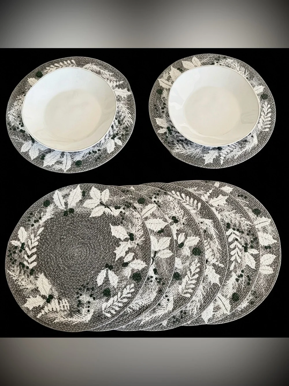 Set of 4 Braided Cotton Placemats - Gray Holly Leaf Holiday